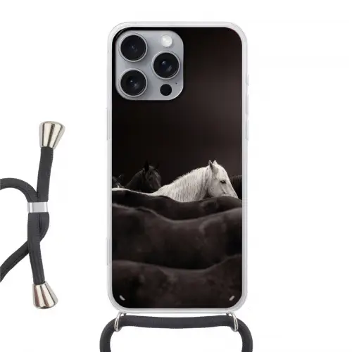 Paarden - Zwart - Wit - Kudde Hoesje iPhone 16 Pro Max met koord klein -3d