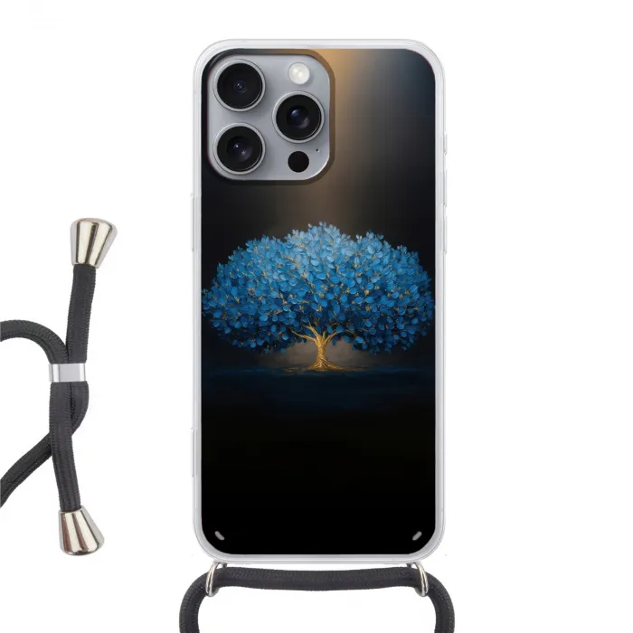 Boom - Blauw - Bladeren - Penseelstreken Hoesje iPhone 16 Pro Max met koord klein -3d