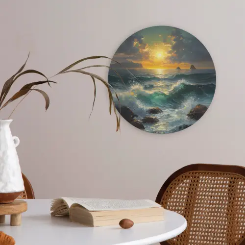 Zee - Zon - Golven - Rotsen Akoestische PET Vilt - Rond klein -sfeer3