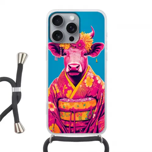 Koe - Bloemenkrans - Oorhangers - Kimono Hoesje iPhone 16 Pro Max met koord klein -3d