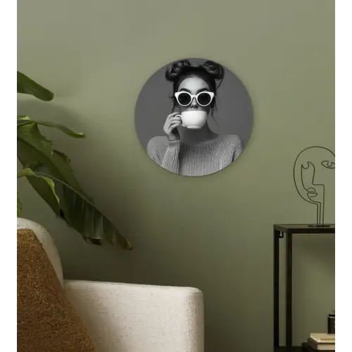 Vrouw - Koffie - Zwart - Wit Wandcirkel plexiglas klein -sfeer3