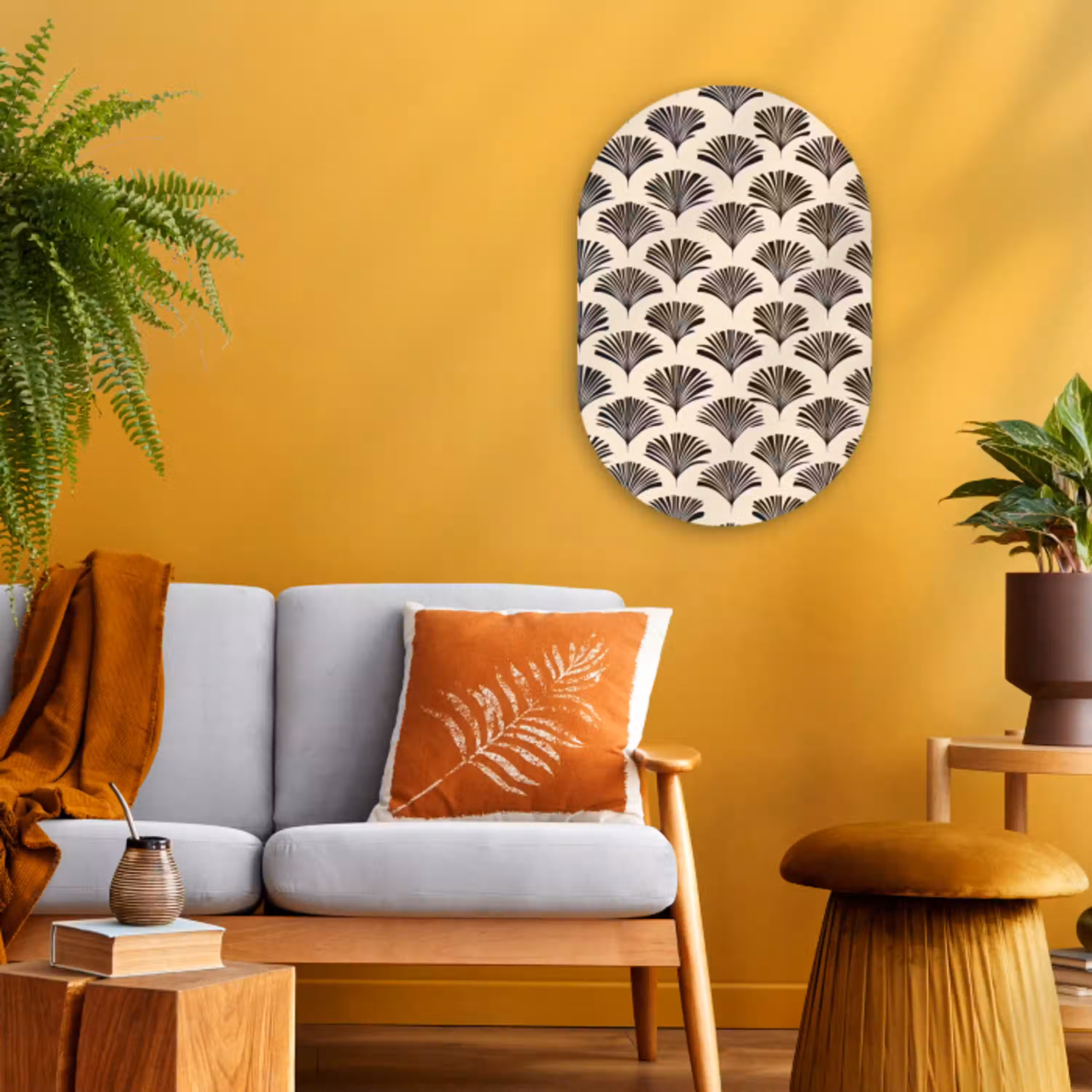 Waaiers - Botanisch - Zwart - Beige Wandcirkel Ovaal Forex klein 630 -sfeer4