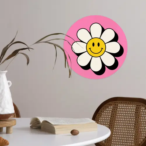 Smiley - Bloem - Roze Wandcirkel behangsticker klein -sfeer3