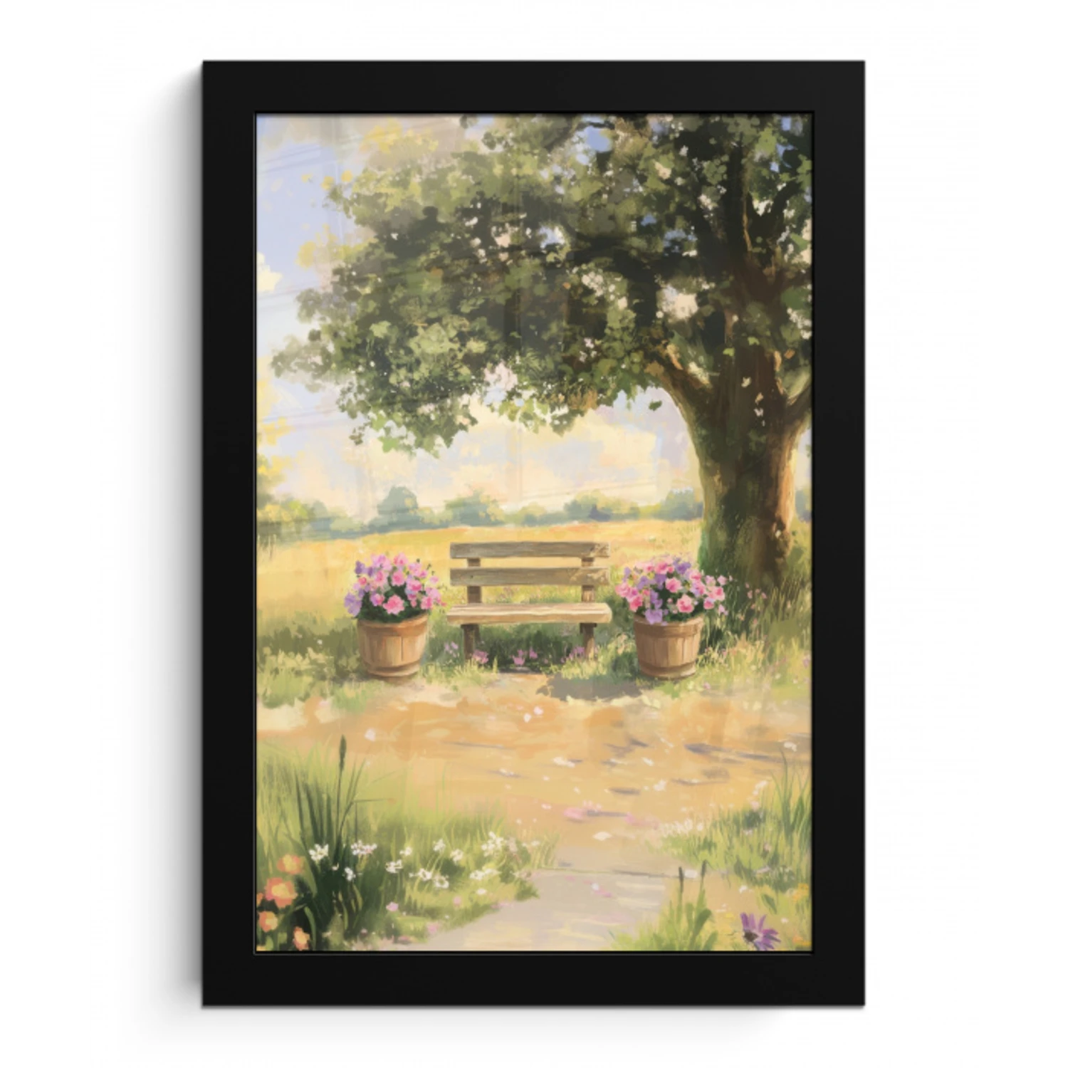 Houten bankje - Bloempotten - Landschap fotolijst zwart zonder passe partout klein -3d