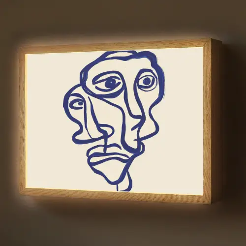 Lijntekening - Overlappende gezichten - Donkerblauw Light Box met batterij (Wandlamp) middel -z3d_website