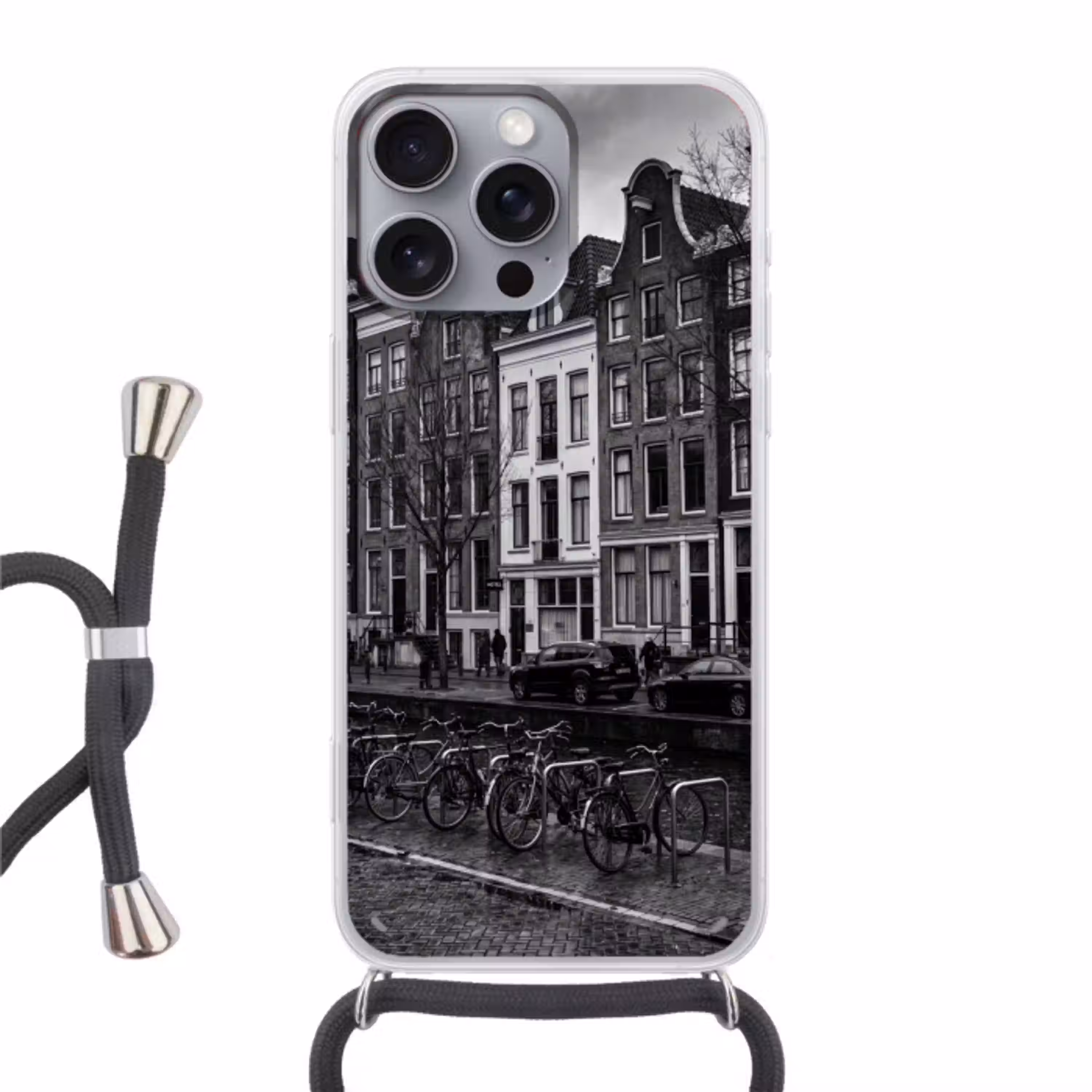 Huis - Gracht - Amsterdam - Architectuur - Zwart-wit Hoesje iPhone 16 Pro Max met koord klein -3d