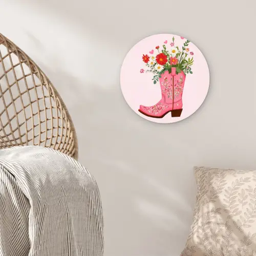 Cowboylaarzen - Roze - Boeket - Bloemen Wandcirkel plexiglas klein -sfeer5