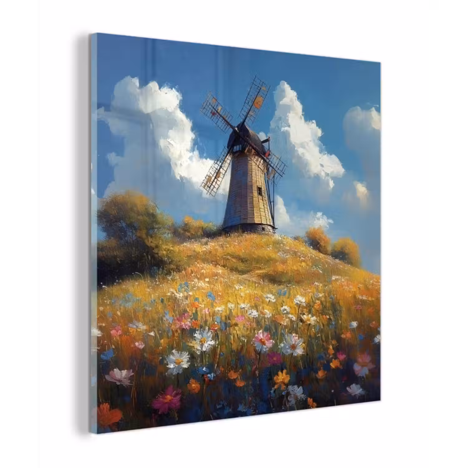 Glas schilderij - Windmolen - Heuvel - Bloemen - Kleurrijk