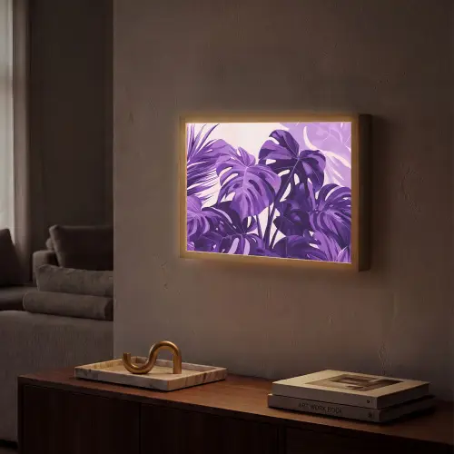 Bladeren - Paars - Tropisch - Abstract Light Box met batterij (Wandlamp) middel -sfeer1