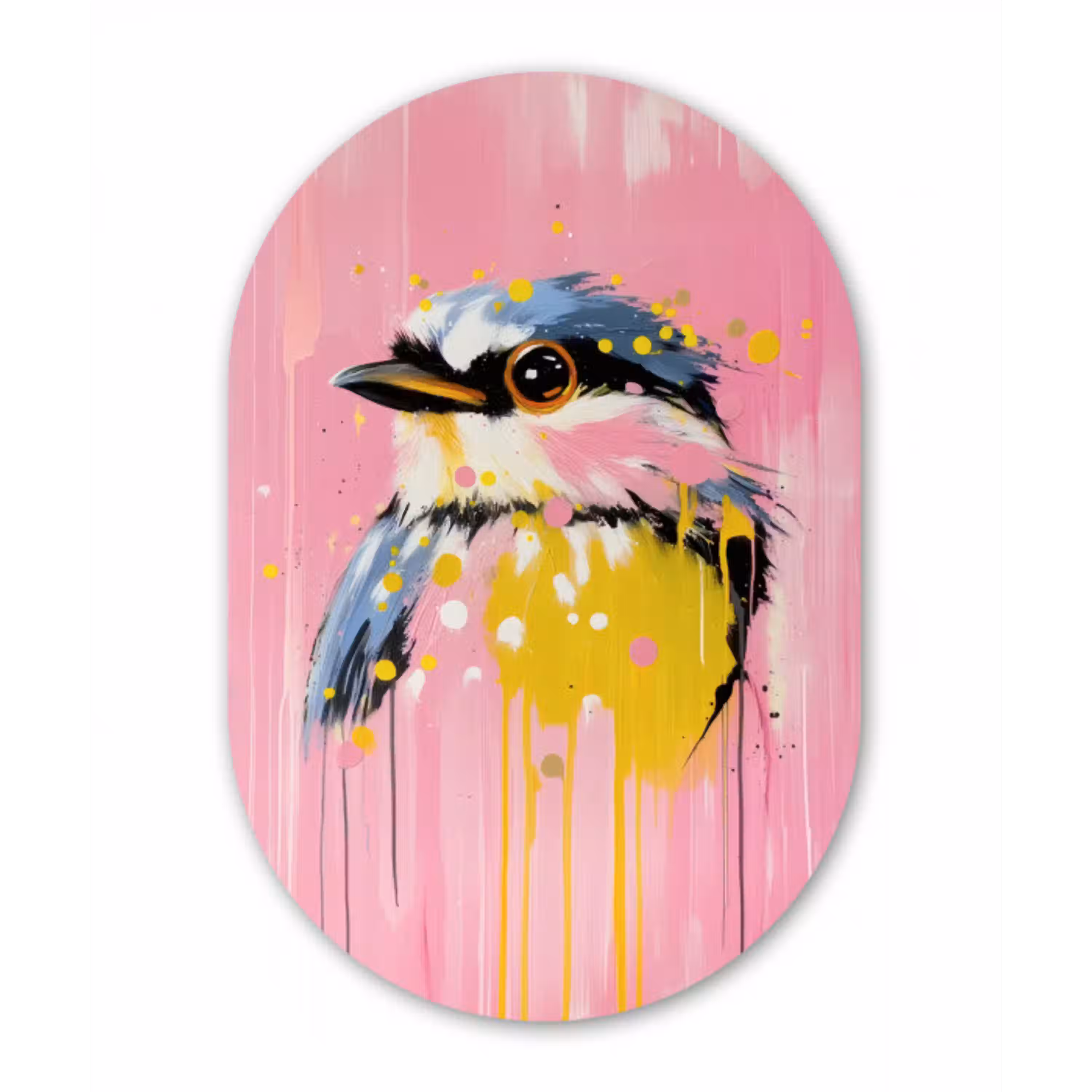 Vogel - Roze - Geel - Blauw Wandcirkel Ovaal Glas middel -3d