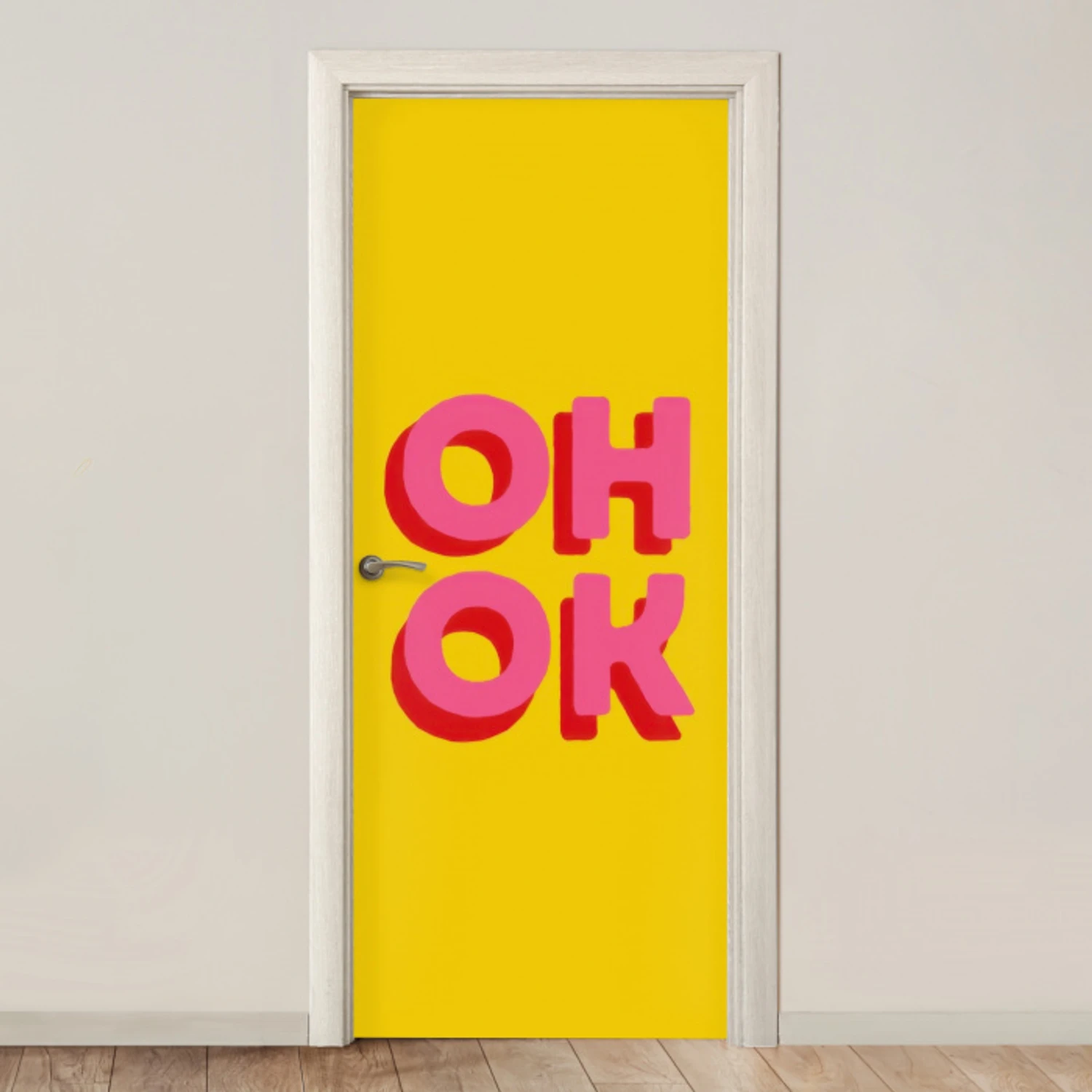 Oh ok - 3D - Geel - Roze deurposter klein -3d_beige