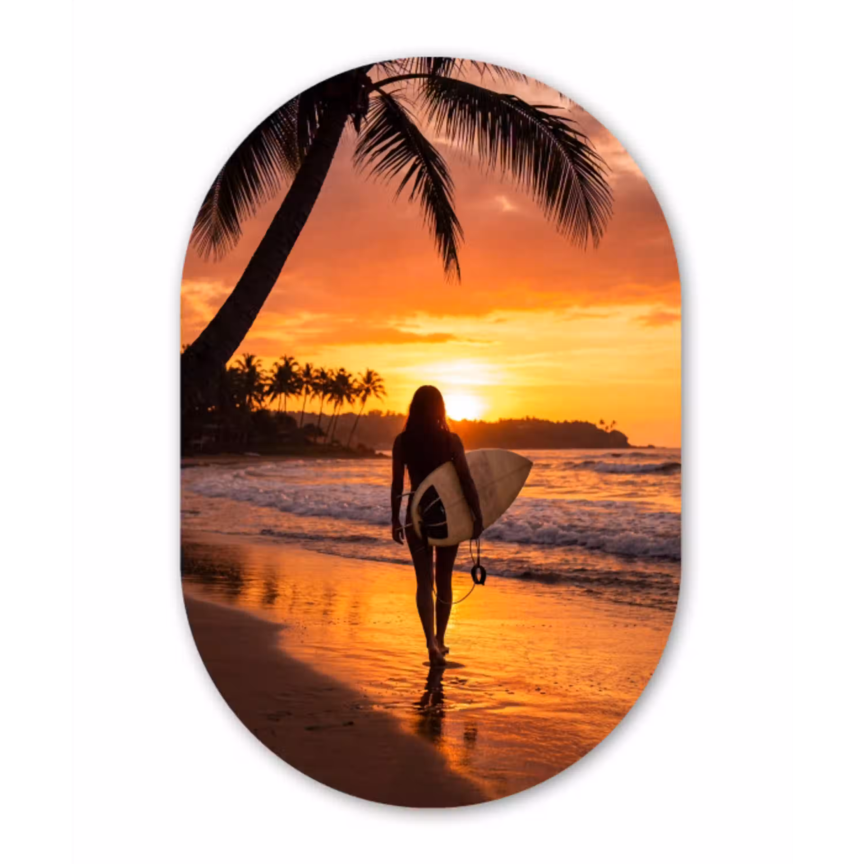 Vrouw - Surfplank - Strand - Zonsondergang - Oranje Wandcirkel Ovaal Aluminium middel -3d