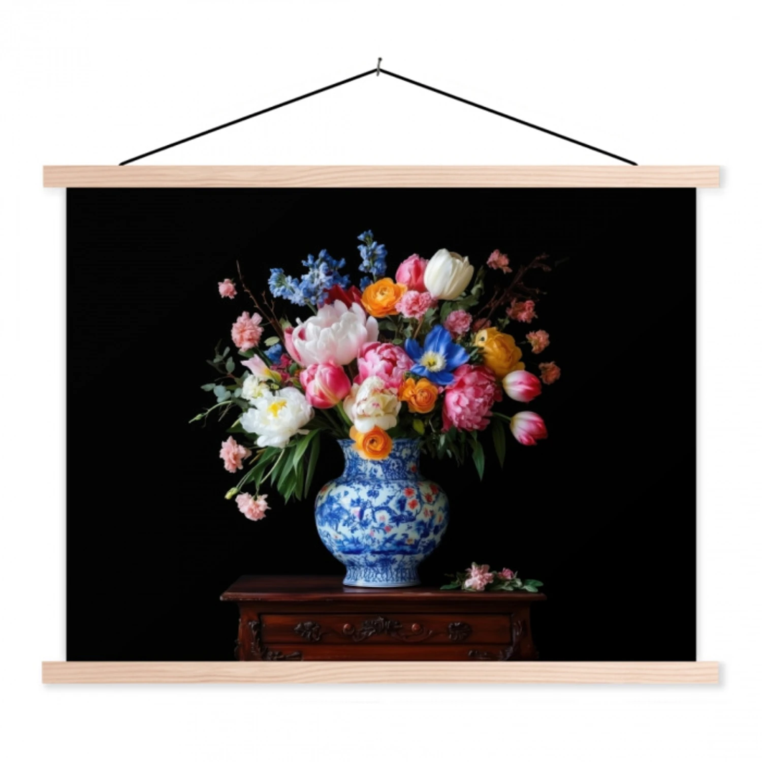 Rozen - Bloemen - Vaas - Boeket textielposter latten blank klein -3d