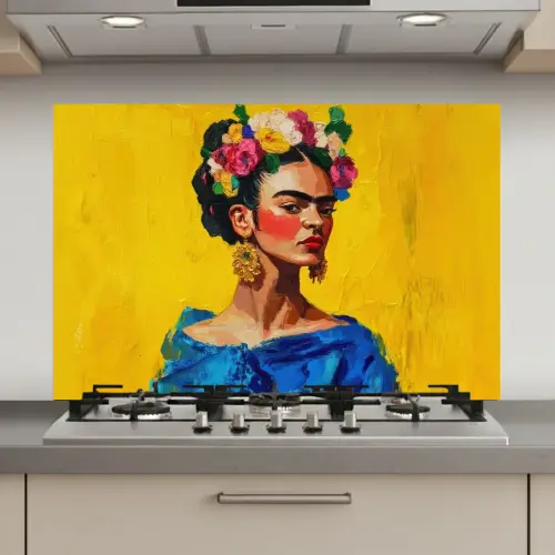 Frida Kahlo - Vrouw - Geel - Blauw - Bloemen keuken achterwand spatscherm klein -3d_website