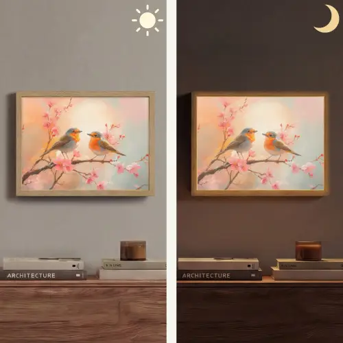 Roodborstjes - Sierlijk - Bloesemtak Light Box met batterij (Wandlamp) middel -sfeer3