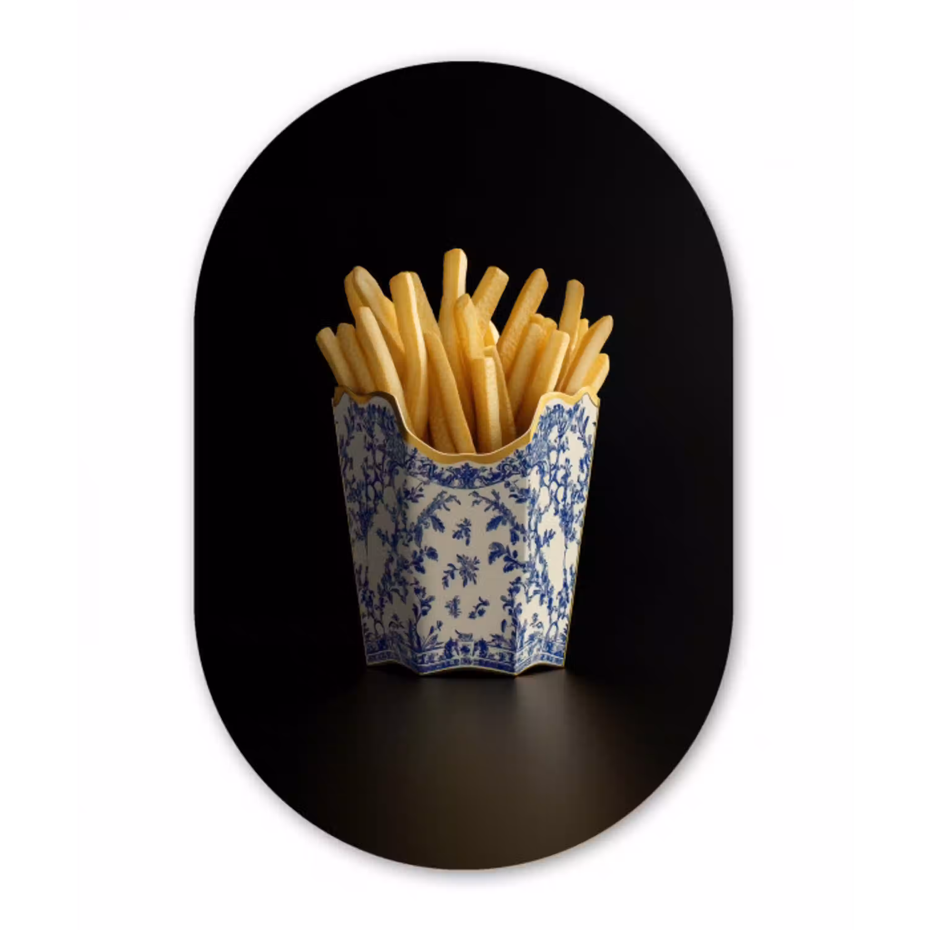 Friet - Porselein - Delfts blauw - Eten Wandcirkel Ovaal Glas middel -3d
