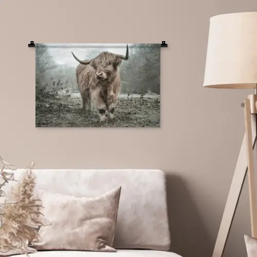 Schotse Hooglander - Bos - Mist - Koe - Dieren - Natuur Wandkleed katoen klein -sfeer4