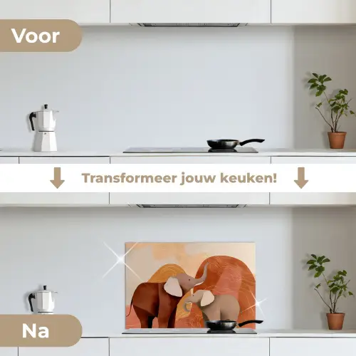Olifanten - Oranje - Abstract keuken achterwand spatscherm klein -voor_na_NL