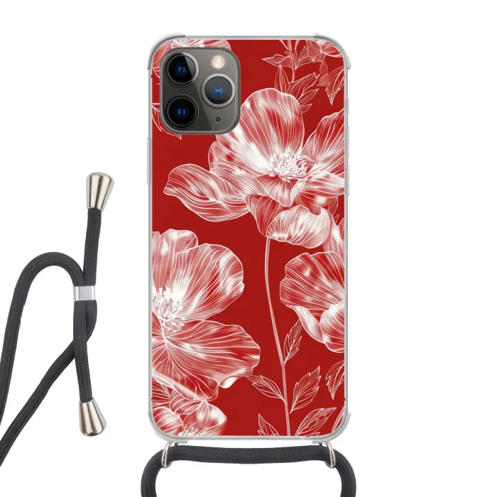 Bloemen - Patroon - Rood - Wit Hoesje iPhone 12 Pro met koord klein -3d