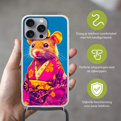 Muis - Kimono - Bloemen - Blauw Hoesje iPhone 16 Pro Max met koord klein -sfeer2_NL