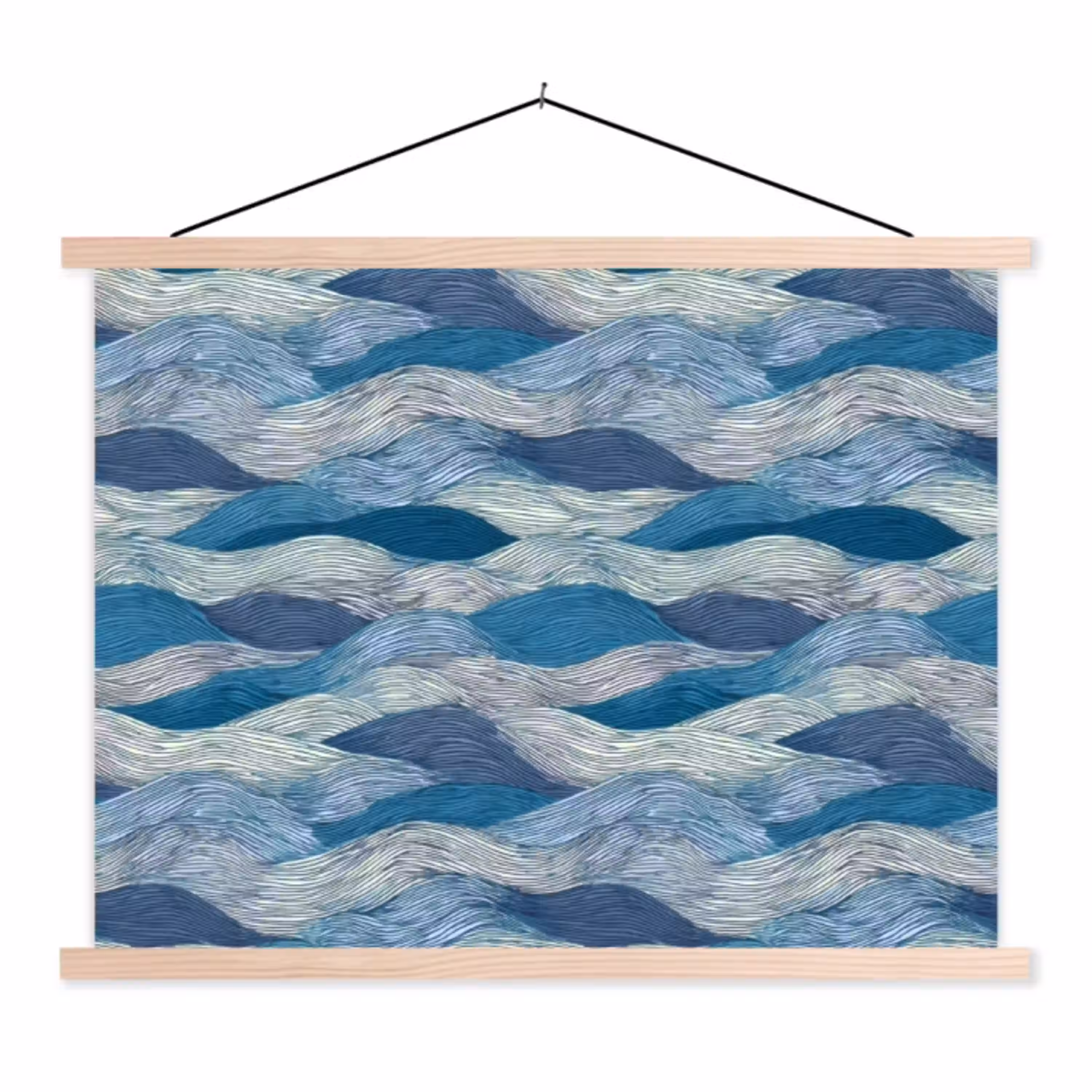 Getekend - Blauw - Wit - Golvend - Streepjes textielposter latten blank klein 122 -3d