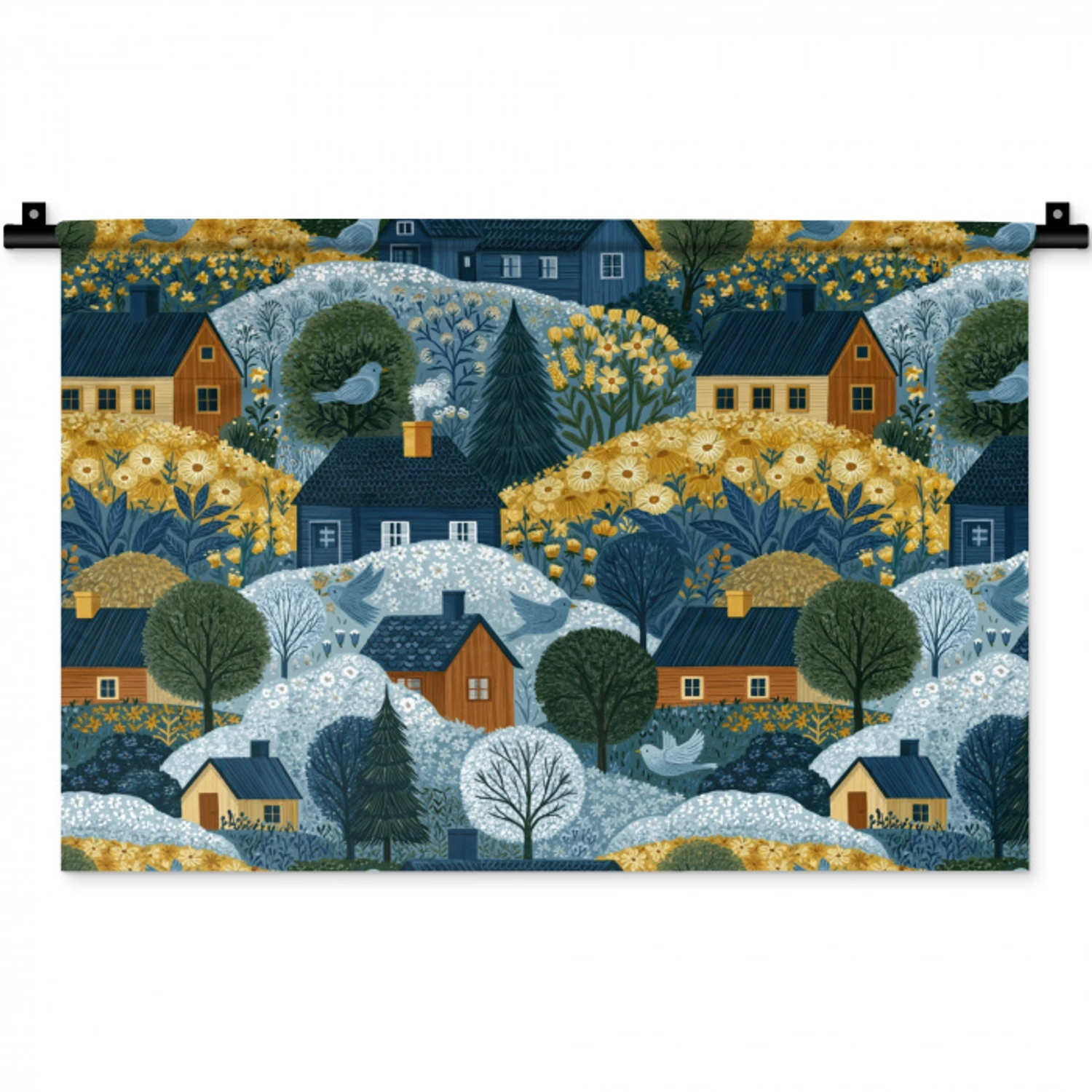 Huisjes - Bloemen - Patroon - Geel - Blauw Wandkleed katoen klein 269 -zz3d