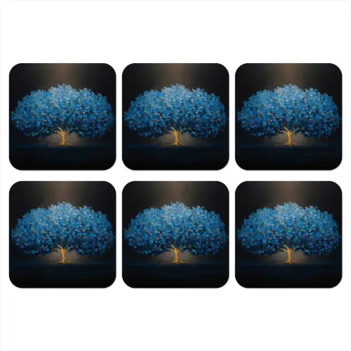Boom - Blauw - Bladeren - Penseelstreken onderzetter kurk middel -3d