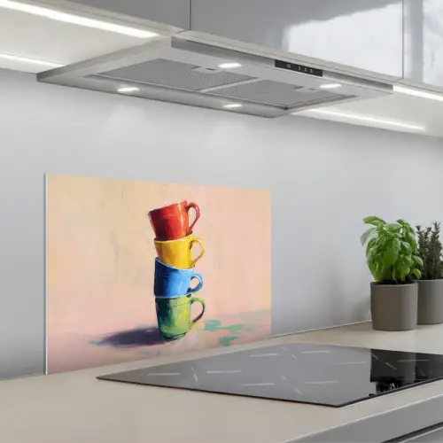 Mokken - Gestapeld - Keramiek - Kleurrijk keuken achterwand spatscherm klein -3d_schuin