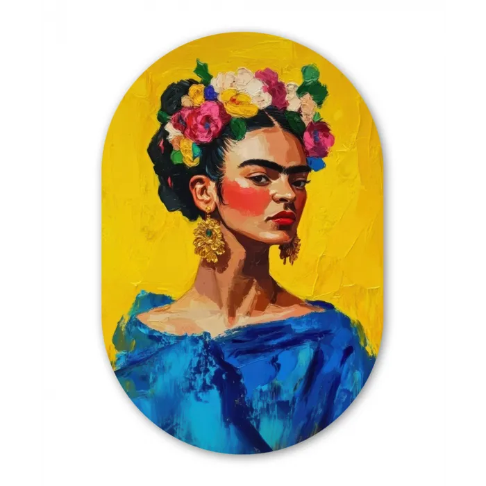 Frida Kahlo - Vrouw - Geel - Blauw - Bloemen Wandcirkel Ovaal Forex klein -3d