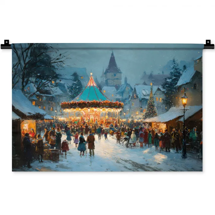 Winterkermis - Dorp - Kleurrijk Wandkleed katoen klein -zz3d