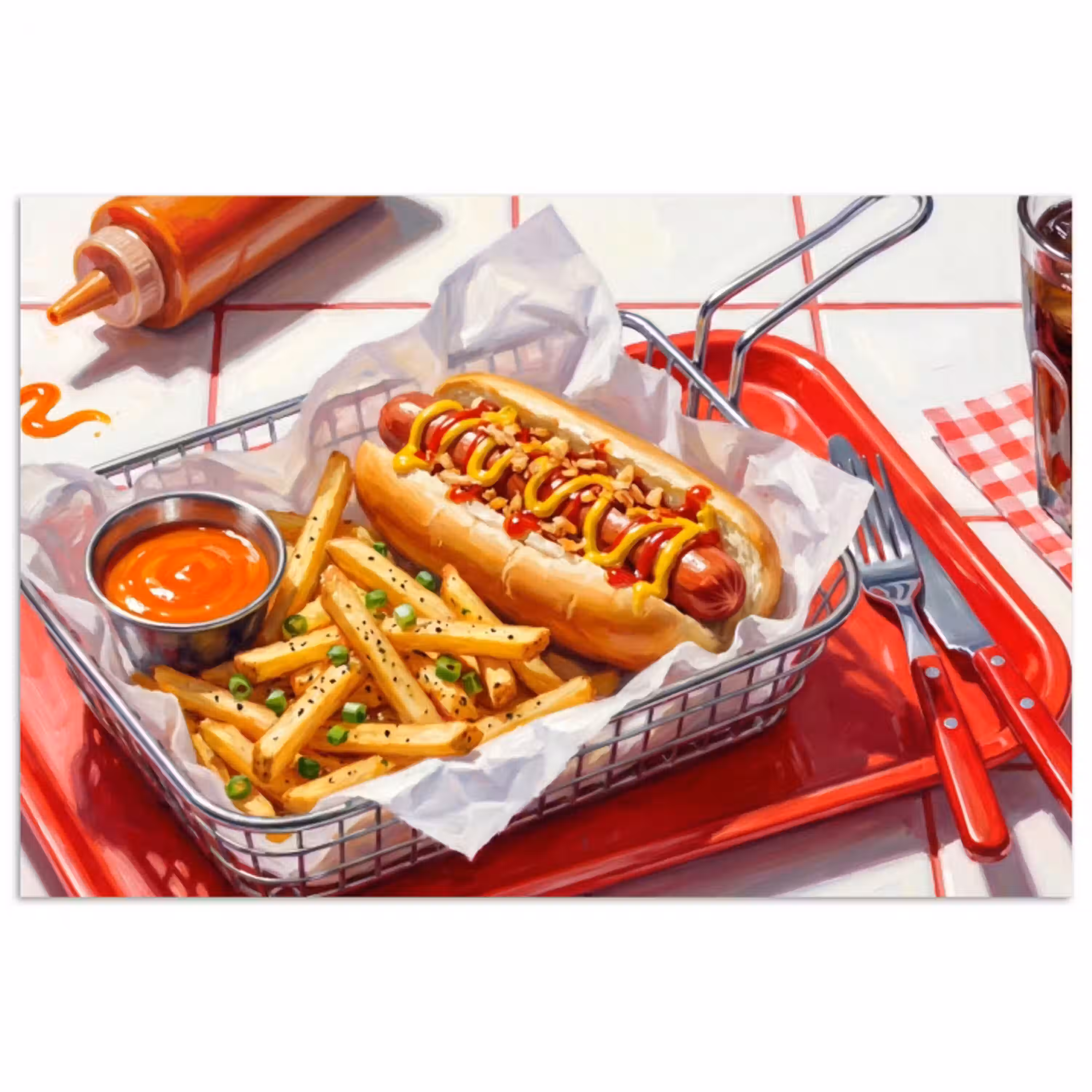 Eten - Hotdog - Fastfood - Modern - Rood poster papier klein -3d