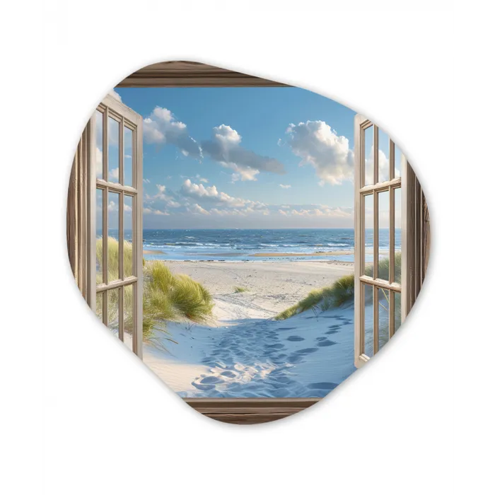 Doorkijk - Strand - Raam - Duinen - Zee Wandcirkel Organisch Plexiglas middel -3d
