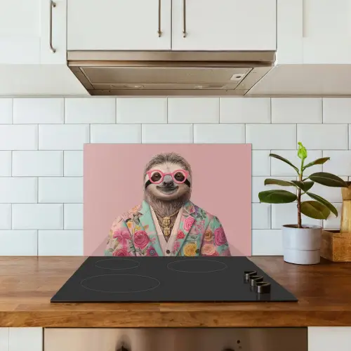 Luiaard - Bloemenprint - Bril - Roze keuken achterwand spatscherm klein -sfeer2