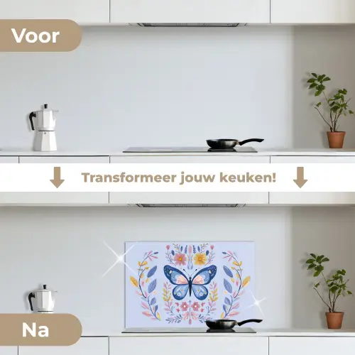 Vlinder - Lichtblauw - Sierlijk - Bloemen keuken achterwand spatscherm klein -voor_na_NL