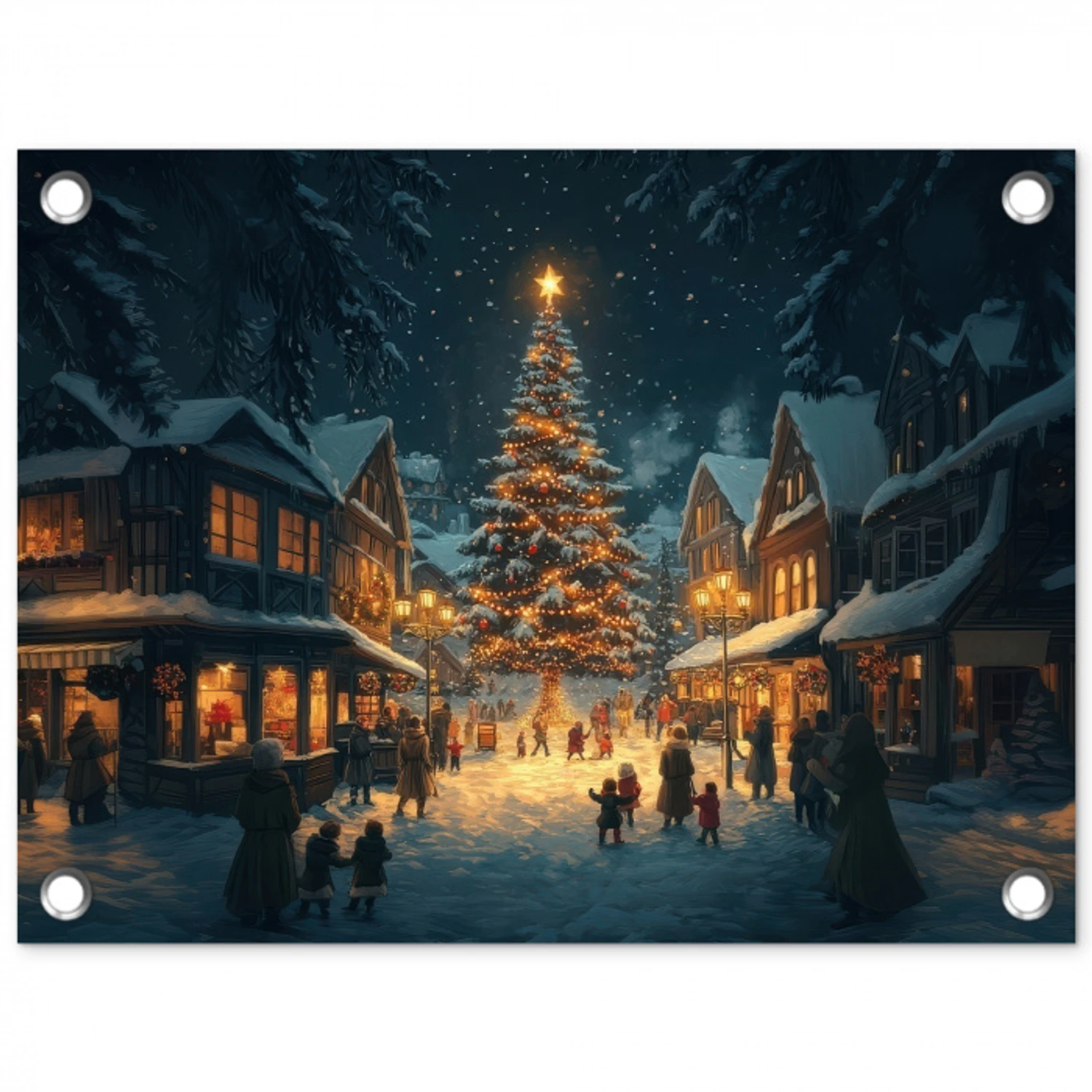 Kerstfeest - Dorp - Donker tuinposter los doek klein -3d
