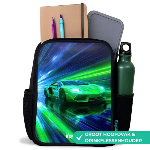 Raceauto - Felgroen - Lichtstralen - Snelheid Rugzak - Zwart middel -inhoud_NL