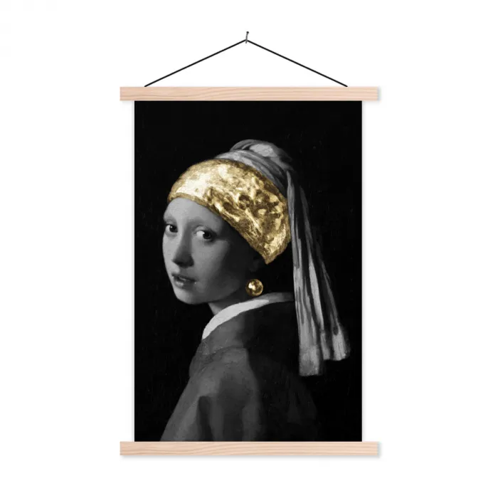 Meisje met de parel - Johannes Vermeer - Goud textielposter latten blank klein -3d