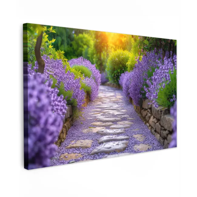 Buiten canvas - Lavendelpad bij zonsondergang