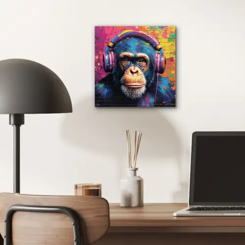 Graffiti - Chimpanzee - Street art - Koptelefoon - Aap aluminium wit klein -sfeer5