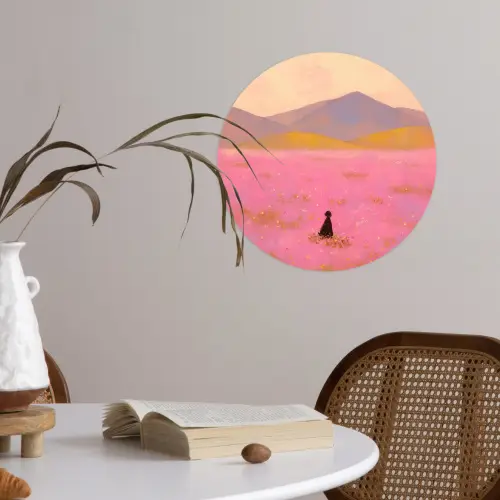 Bloemenweide - Heuvels - Silhouet - Roze Wandcirkel behangsticker klein -sfeer3