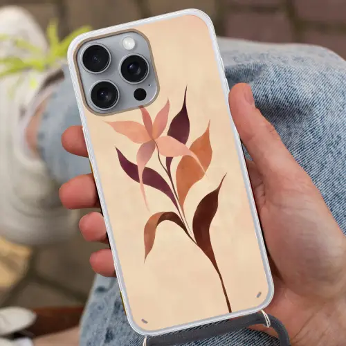 Minimalistisch - Bloem - Bladeren - Beige Hoesje iPhone 16 Pro Max met koord klein -sfeer3