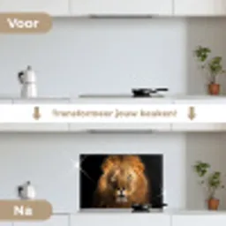 Leeuw - Dieren - Zwart - Licht - Bruin - Portret keuken achterwand spatscherm klein -voor_na_NL