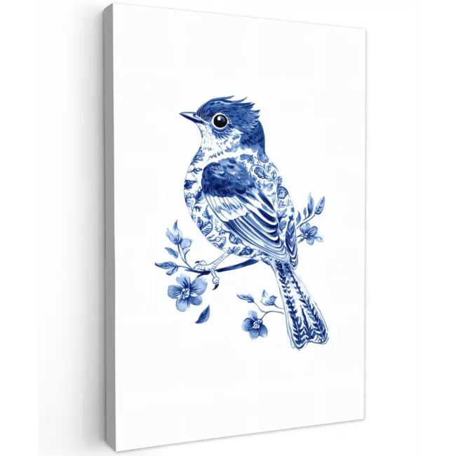 Vogel - Delfts blauw - Illustratie - Bloemen Tuinposter op houten frame 2 cm dik klein -3d
