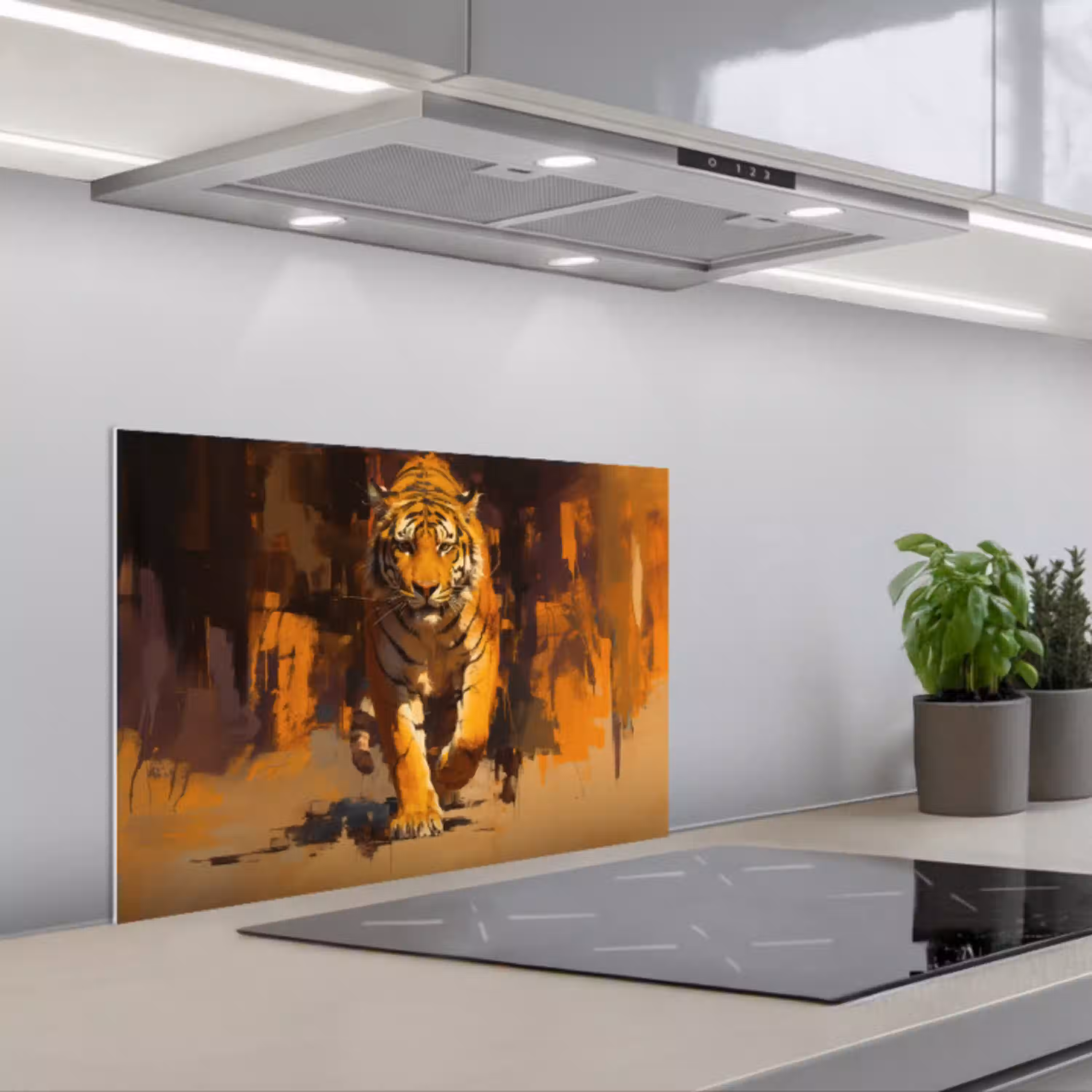 Tijger - Geschilderd - Oranje - Penseelstreken keuken achterwand spatscherm klein -3d_schuin
