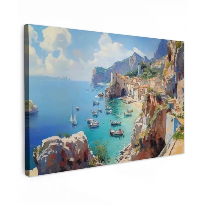 Kustdorp - Schilderij - Rotsen - Boten canvas 2cm klein -z3d