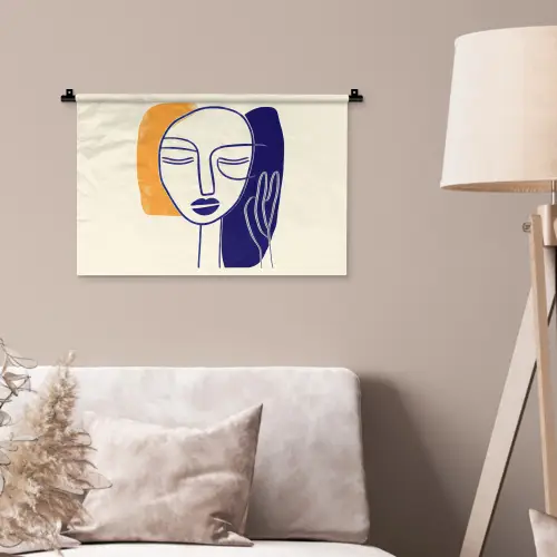 Minimalistisch - Gezicht - Hand - Oranje - Blauw Wandkleed katoen klein -sfeer4