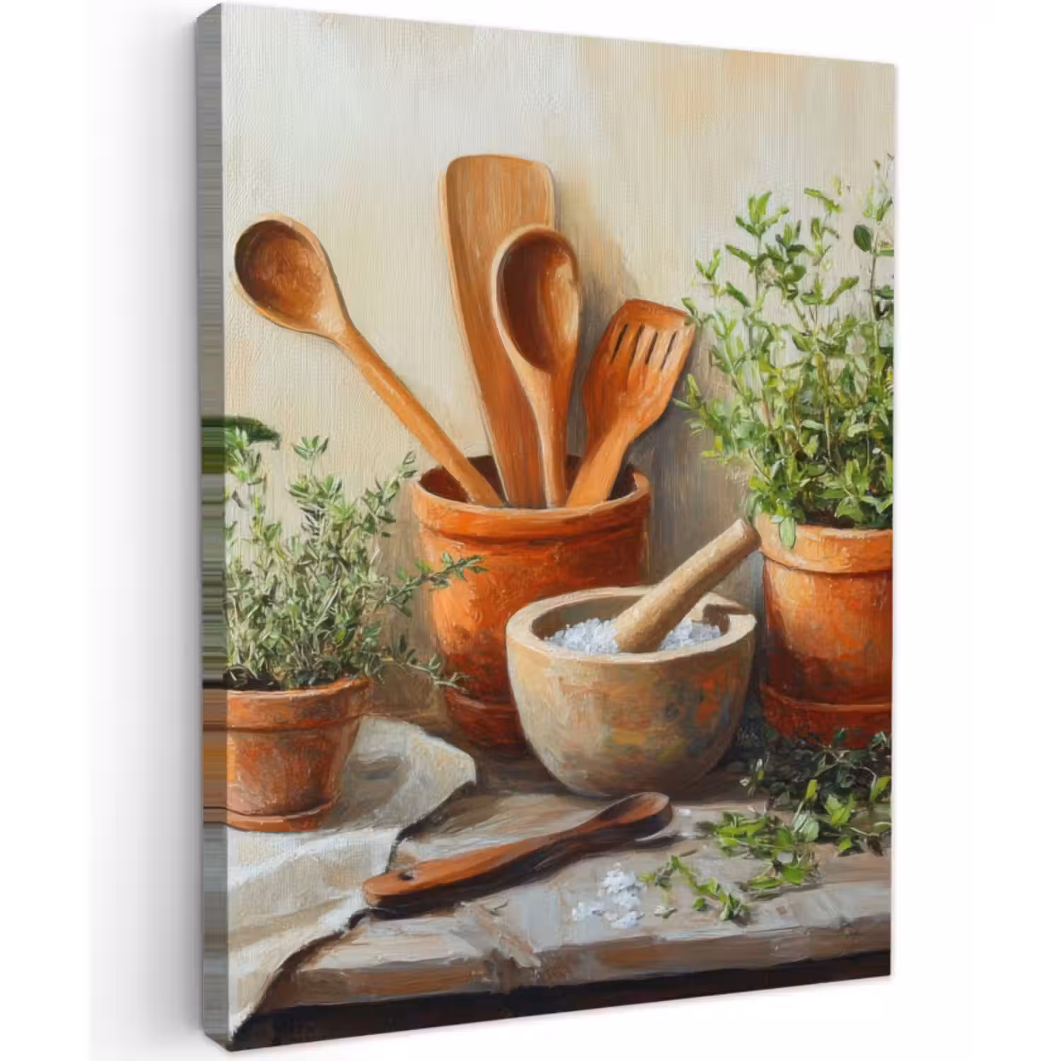 Canvas schilderij - Potten - Kruiden - Hout