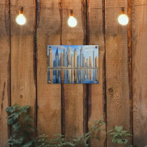 Skyline - Wolkenkrabbers - Water - Blauw tuinposter los doek klein -sfeer1