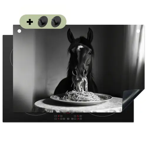Paard - Bord - Pasta - Tafelkleed - Zwart Wit - Dieren Inductie beschemer met haakjes klein -3d