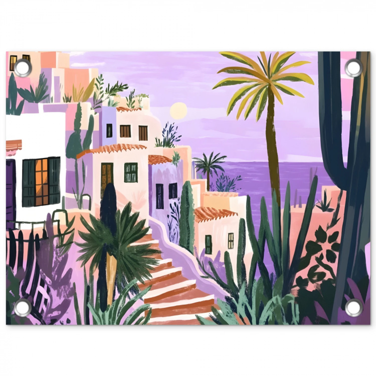 Huizen - Minimalistisch - Palmbomen - Kust tuinposter los doek klein -3d